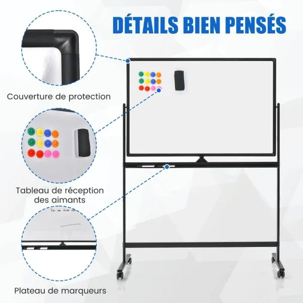 Tableau Blanc Mobile Magnétique Double Face 120x80cm Tableau Réversible Effaçable à Sec Hauteur Réglable sur 2 Positions 12 Aimants Blanc/Noir