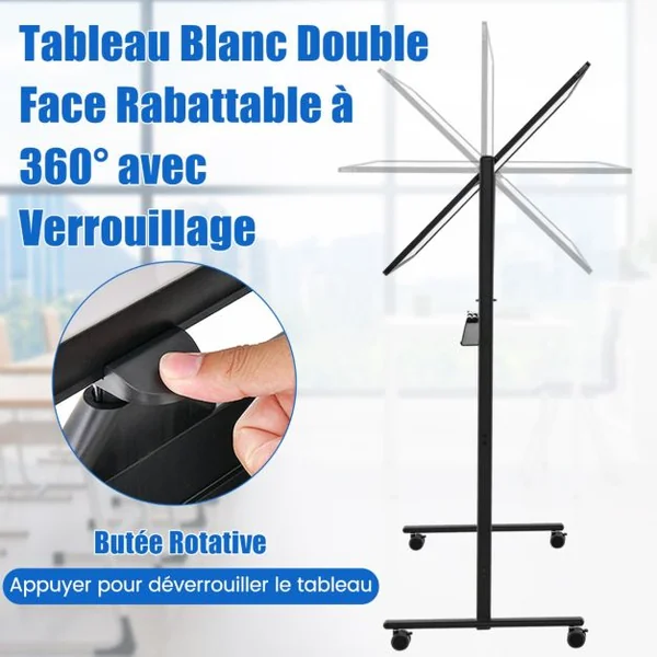 Tableau Blanc Mobile Magnétique Double Face 120x80cm Tableau Réversible Effaçable à Sec Hauteur Réglable sur 2 Positions 12 Aimants Blanc/Noir