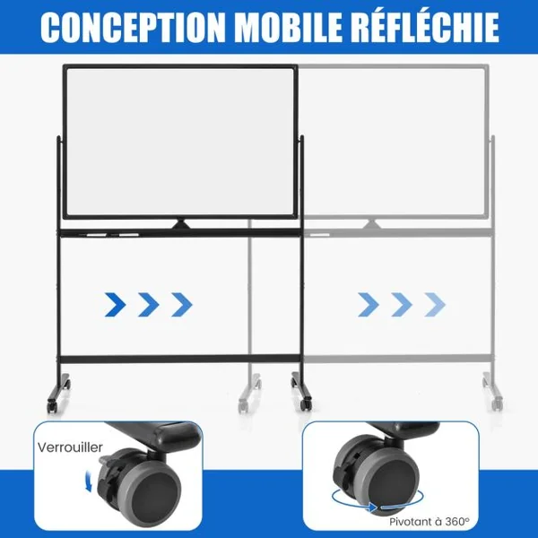 Tableau Blanc Mobile Magnétique Double Face 120x80cm Tableau Réversible Effaçable à Sec Hauteur Réglable sur 2 Positions 12 Aimants Blanc/Noir