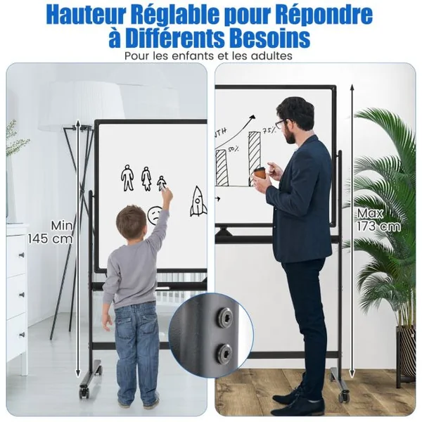 Tableau Blanc Mobile Magnétique Double Face 120x80cm Tableau Réversible Effaçable à Sec Hauteur Réglable sur 2 Positions 12 Aimants Blanc/Noir