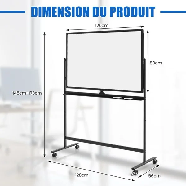 Tableau Blanc Mobile Magnétique Double Face 120x80cm Tableau Réversible Effaçable à Sec Hauteur Réglable sur 2 Positions 12 Aimants Blanc/Noir