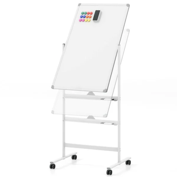 Tableau Blanc Mobile Magnétique Double Face 60 x 90 cm Tableau Réversible Effaçable à Sec Hauteur Réglable sur 2 Positions 4 Roulettes Noir/Blanc