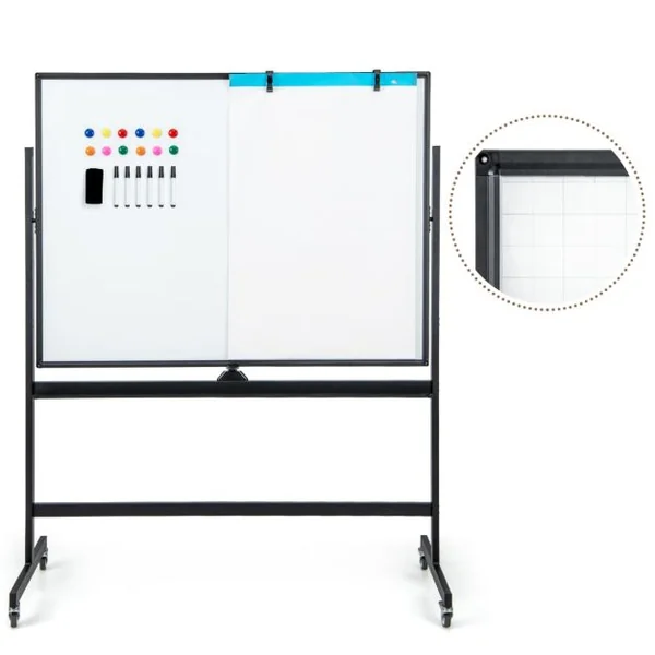 Tableau Blanc Mobile Magnétique Double Face Quadrillé, 120x90cm Tableau Réversible Effaçable à Sec 2 Hauteurs Réglables 12 Aimants 6 Stylos Blanc/Noir