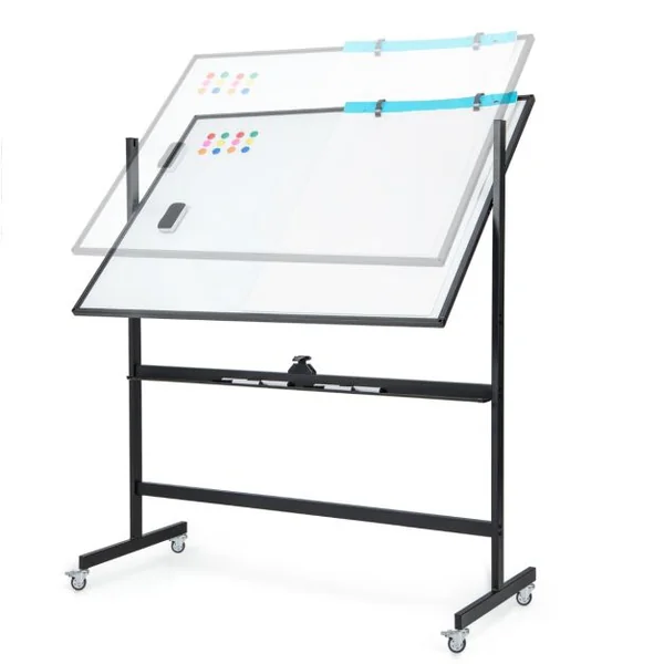 Tableau Blanc Mobile Magnétique Double Face Quadrillé, 120x90cm Tableau Réversible Effaçable à Sec 2 Hauteurs Réglables 12 Aimants 6 Stylos Blanc/Noir