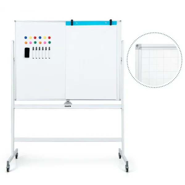 Tableau Blanc Mobile Magnétique Double Face Quadrillé, 120x90cm Tableau Réversible Effaçable à Sec 2 Hauteurs Réglables 12 Aimants 6 Stylos Blanc/Noir