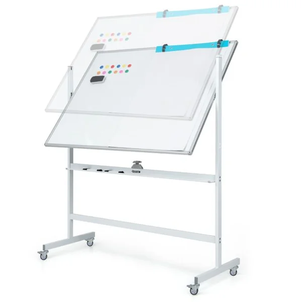 Tableau Blanc Mobile Magnétique Double Face Quadrillé, 120x90cm Tableau Réversible Effaçable à Sec 2 Hauteurs Réglables 12 Aimants 6 Stylos Blanc/Noir