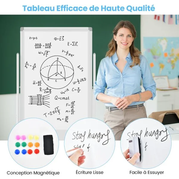 Tableau Blanc Mobile Magnétique Double Face Tableau Réversible Effaçable à Sec Hauteur Réglable sur 2 Positions 4 Roulettes pour École Noir/Blanc