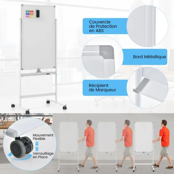 Tableau Blanc Mobile Magnétique Double Face Tableau Réversible Effaçable à Sec Hauteur Réglable sur 2 Positions 4 Roulettes pour École Noir/Blanc