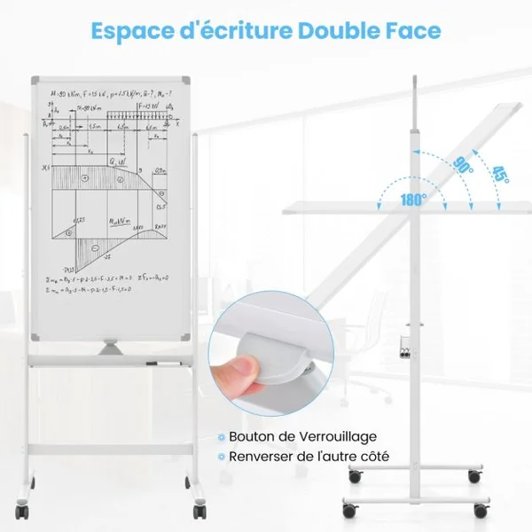 Tableau Blanc Mobile Magnétique Double Face Tableau Réversible Effaçable à Sec Hauteur Réglable sur 2 Positions 4 Roulettes pour École Noir/Blanc