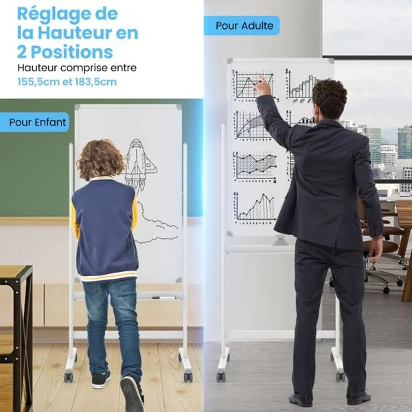 Tableau Blanc Mobile Magnétique Double Face Tableau Réversible Effaçable à Sec Hauteur Réglable sur 2 Positions 4 Roulettes pour École Noir/Blanc