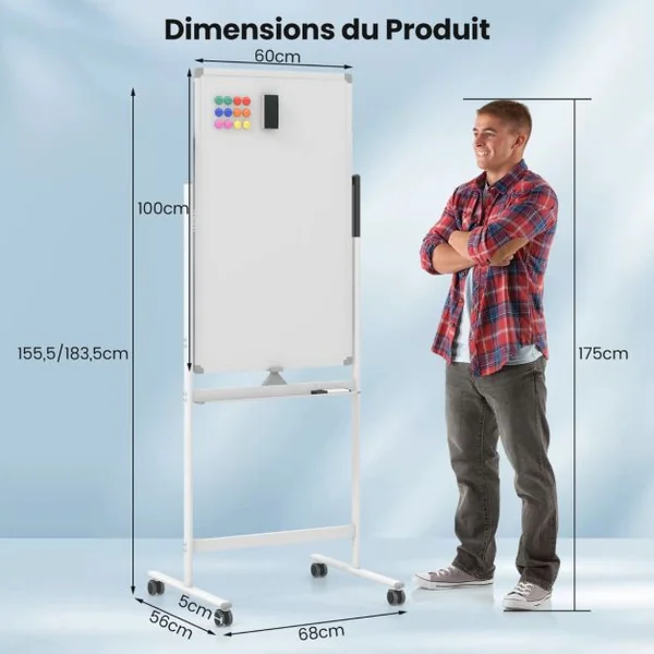 Tableau Blanc Mobile Magnétique Double Face Tableau Réversible Effaçable à Sec Hauteur Réglable sur 2 Positions 4 Roulettes pour École Noir/Blanc