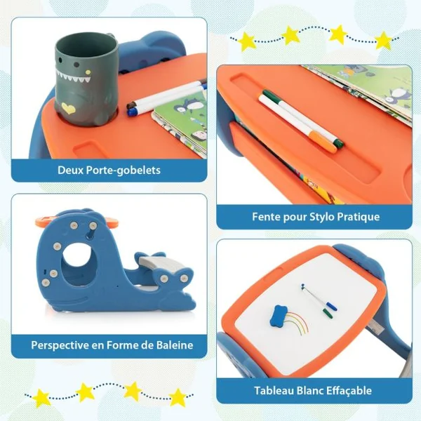 Tableau de Dessin 4 en 1 Table à Manger d'Etude Bibliothèque à l'Arrière Angle Ajustable 30° 1-5 Ans Forme Baleine Bleu