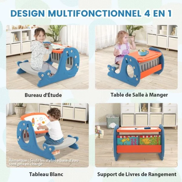 Tableau de Dessin 4 en 1 Table à Manger d'Etude Bibliothèque à l'Arrière Angle Ajustable 30° 1-5 Ans Forme Baleine Bleu