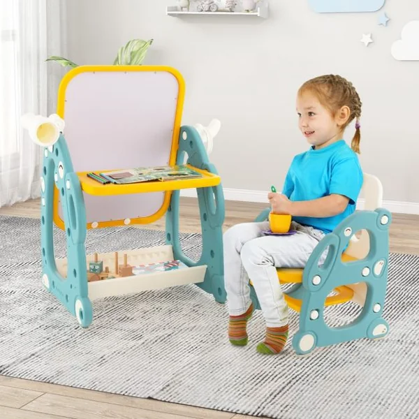 Tableau de Dessin Magnétiquetable d'Activités et Chaisejeu de Lancer d'Anneaux Panier de Rangement et Accessoires Bleu + Jaune