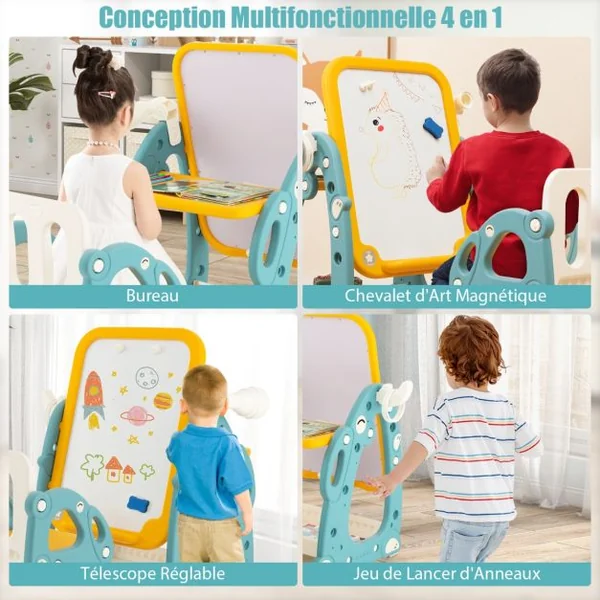 Tableau de Dessin Magnétiquetable d'Activités et Chaisejeu de Lancer d'Anneaux Panier de Rangement et Accessoires Bleu + Jaune