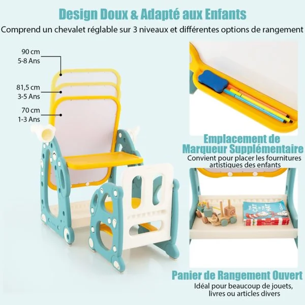Tableau de Dessin Magnétiquetable d'Activités et Chaisejeu de Lancer d'Anneaux Panier de Rangement et Accessoires Bleu + Jaune