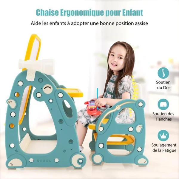 Tableau de Dessin Magnétiquetable d'Activités et Chaisejeu de Lancer d'Anneaux Panier de Rangement et Accessoires Bleu + Jaune