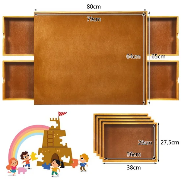 Tableau de Puzzle pour 1000 à 1500 PCS Table de Puzzle 80 x 65 cm 4 Tiroirs Coulissants Latéral en Bois Naturel