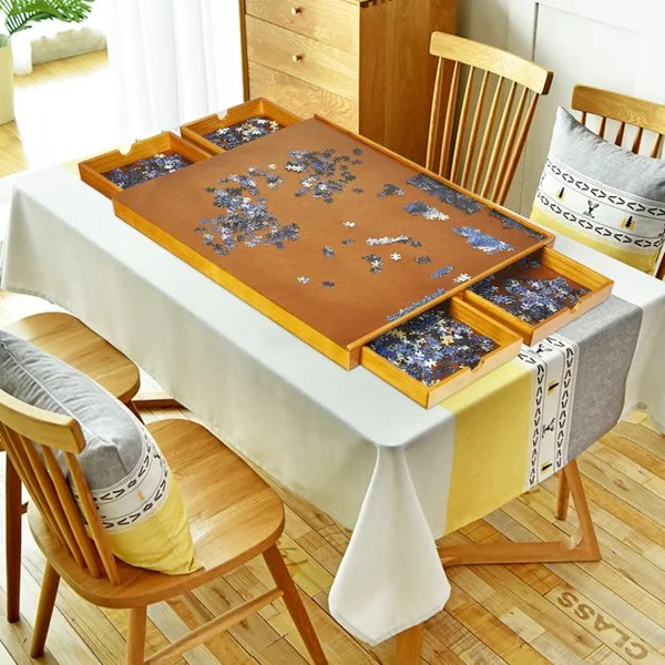 Tableau de Puzzle pour 1000 à 1500 PCS Table de Puzzle 80 x 65 cm 4 Tiroirs Coulissants Latéral en Bois Naturel