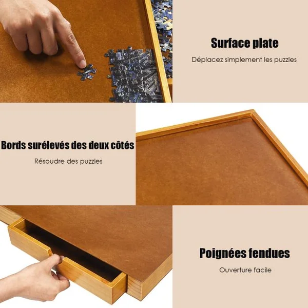 Tableau de Puzzle pour 1000 à 1500 PCS Table de Puzzle 80 x 65 cm 4 Tiroirs Coulissants Latéral en Bois Naturel