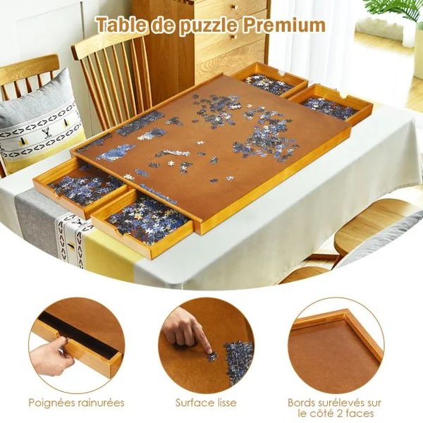 Tableau de Puzzle pour 1000 à 1500 PCS Table de Puzzle 80 x 65 cm 4 Tiroirs Coulissants Latéral en Bois Naturel