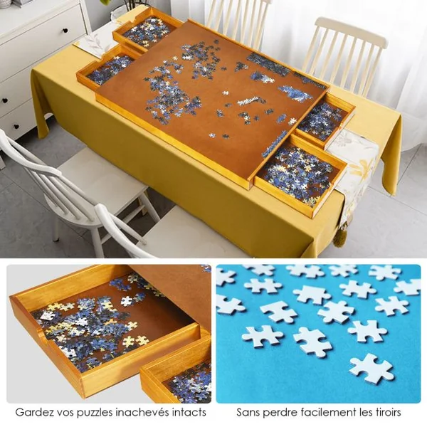 Tableau de Puzzle pour 1000 à 1500 PCS Table de Puzzle 80 x 65 cm 4 Tiroirs Coulissants Latéral en Bois Naturel