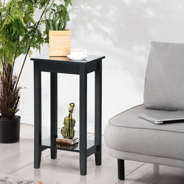 Table/Lot de 2 Table d'Appoint Bout de Canapé à 2 Niveaux avec Pieds en Bois Massif 40,5 x 29 x 73,5 cm Blanc/Café/Noir