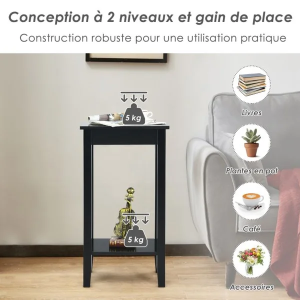 Table/Lot de 2 Table d'Appoint Bout de Canapé à 2 Niveaux avec Pieds en Bois Massif 40,5 x 29 x 73,5 cm Blanc/Café/Noir