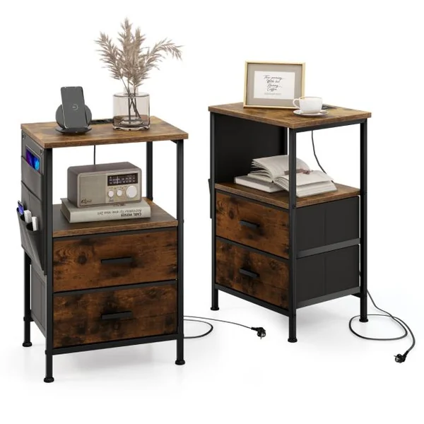 Table/Lot de 2 Tbales de Chevet avec Station de Charge Table d'Appoint Industrielle avec 2 Tiroirs 6 Poches Latérales Ports Usb et Prises Marron Rustique