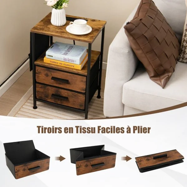 Table/Lot de 2 Tbales de Chevet avec Station de Charge Table d'Appoint Industrielle avec 2 Tiroirs 6 Poches Latérales Ports Usb et Prises Marron Rustique