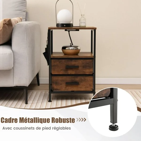 Table/Lot de 2 Tbales de Chevet avec Station de Charge Table d'Appoint Industrielle avec 2 Tiroirs 6 Poches Latérales Ports Usb et Prises Marron Rustique