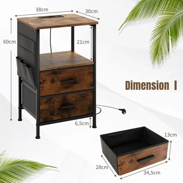 Table/Lot de 2 Tbales de Chevet avec Station de Charge Table d'Appoint Industrielle avec 2 Tiroirs 6 Poches Latérales Ports Usb et Prises Marron Rustique