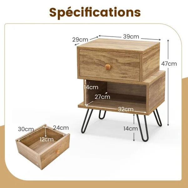 Tables de Chevet Lot de 2 avec Tiroir 4 Pieds en Métal Surélevés Tables d'Appoint en Bois avec Compartiment Design Irrégulier Naturel