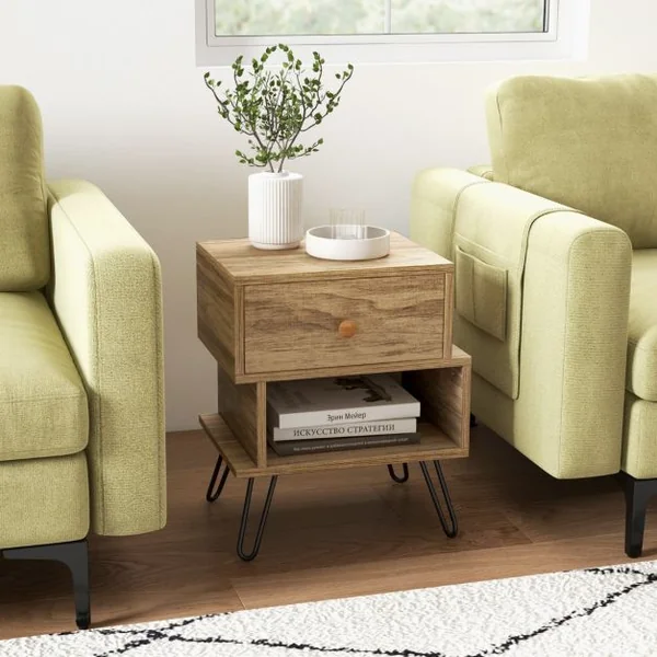 Tables de Chevet Lot de 2 avec Tiroir 4 Pieds en Métal Surélevés Tables d'Appoint en Bois avec Compartiment Design Irrégulier Naturel