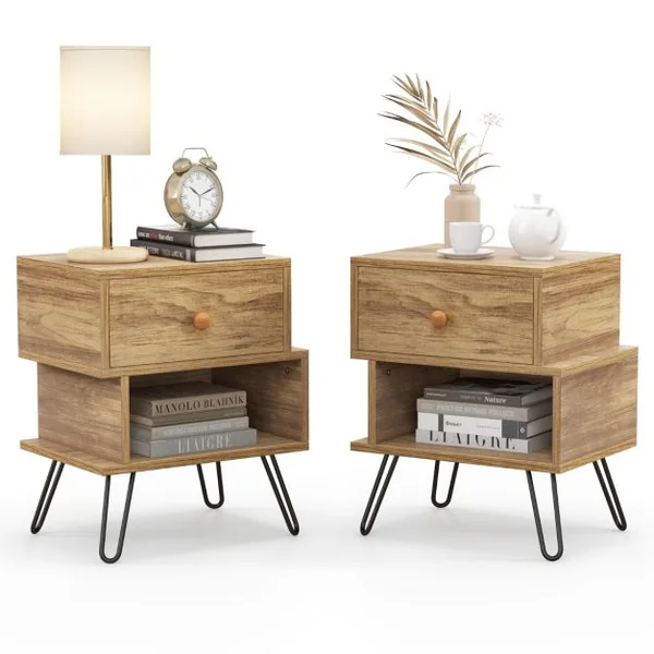 Tables de Chevet Lot de 2 avec Tiroir 4 Pieds en Métal Surélevés Tables d'Appoint en Bois avec Compartiment Design Irrégulier Naturel