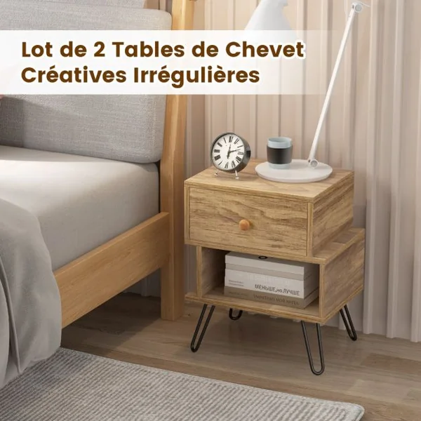 Tables de Chevet Lot de 2 avec Tiroir 4 Pieds en Métal Surélevés Tables d'Appoint en Bois avec Compartiment Design Irrégulier Naturel