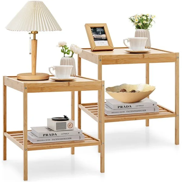 Tables de Chevet Lot de 2 en Bambou à 2 Niveaux L40 x P40 x H45 cm Style Naturel