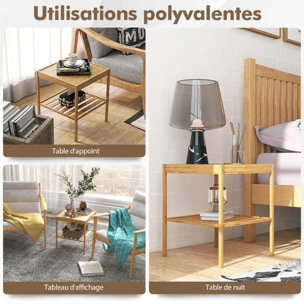 Tables de Chevet Lot de 2 en Bambou à 2 Niveaux L40 x P40 x H45 cm Style Naturel