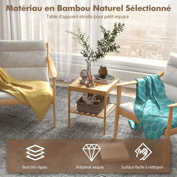 Tables de Chevet Lot de 2 en Bambou à 2 Niveaux L40 x P40 x H45 cm Style Naturel