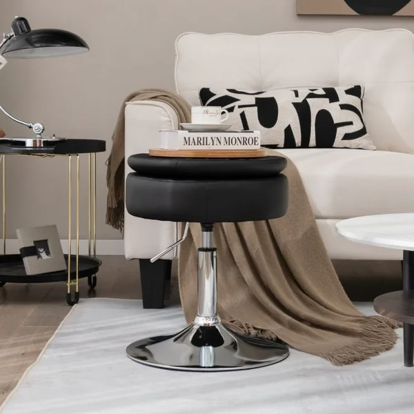Tabouret avec Rangement Pivotante à 360° Housse Amovible Hauteur Réglable 51- 66 CM pour Salon Bureau Barbier Noir/Rose/Blanc