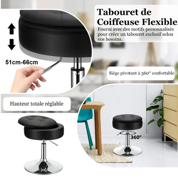 Tabouret avec Rangement Pivotante à 360° Housse Amovible Hauteur Réglable 51- 66 CM pour Salon Bureau Barbier Noir/Rose/Blanc
