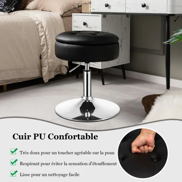 Tabouret avec Rangement Pivotante à 360° Housse Amovible Hauteur Réglable 51- 66 CM pour Salon Bureau Barbier Noir/Rose/Blanc