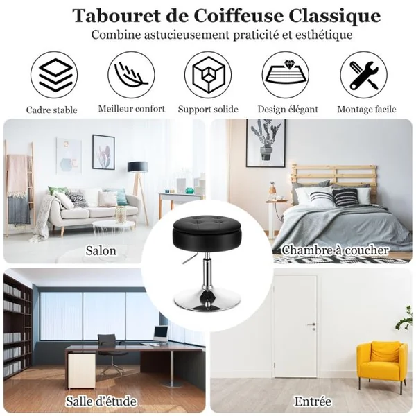Tabouret avec Rangement Pivotante à 360° Housse Amovible Hauteur Réglable 51- 66 CM pour Salon Bureau Barbier Noir/Rose/Blanc