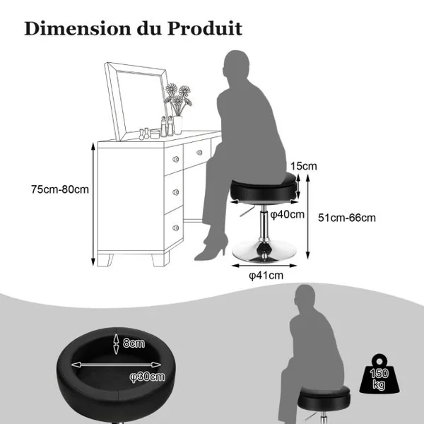 Tabouret avec Rangement Pivotante à 360° Housse Amovible Hauteur Réglable 51- 66 CM pour Salon Bureau Barbier Noir/Rose/Blanc