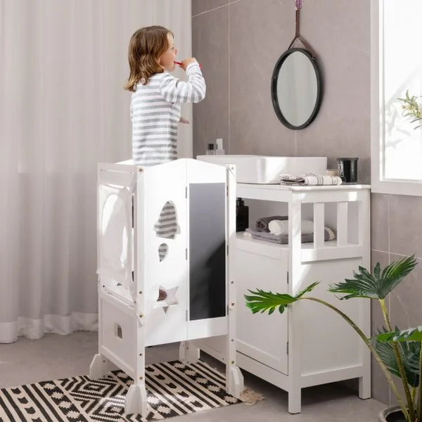 Tabouret d'Apprentissage pour Enfant Pliable 2 Hauteurs Réglable Filet de Sécurité et Rails de Protection Jusqu'à 60 kg Rose