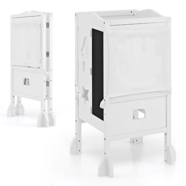 Tabouret d'Apprentissage pour Enfant Pliable 2 Hauteurs Réglable Filet de Sécurité et Rails de Protection Jusqu'à 60 kg Rose