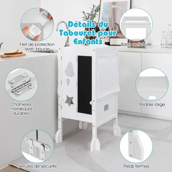 Tabouret d'Apprentissage pour Enfant Pliable 2 Hauteurs Réglable Filet de Sécurité et Rails de Protection Jusqu'à 60 kg Rose