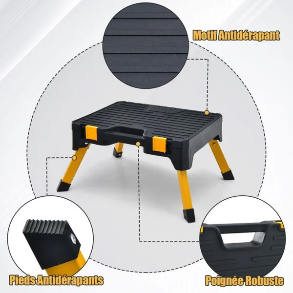 Tabouret d'Atelier Boîte à Outils 2 en 1 Charge 150kg Marchepied Pliant avec Marche Large pour Garage à Domicile Lieu de Travail Noir