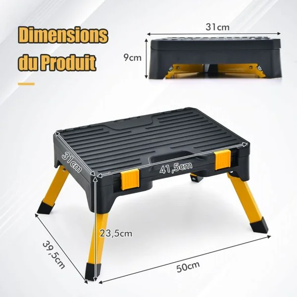 Tabouret d'Atelier Boîte à Outils 2 en 1 Charge 150kg Marchepied Pliant avec Marche Large pour Garage à Domicile Lieu de Travail Noir