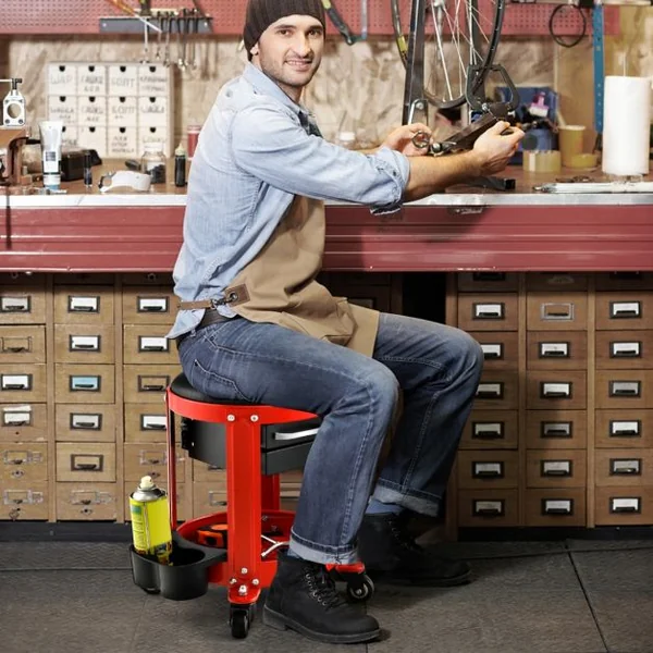 Tabouret d'Atelier Pneumatique avec 4 Roulettes Universelles Plateau à Outils Siège Rembourré 40 x 40 x 43,5 cm 150 kg